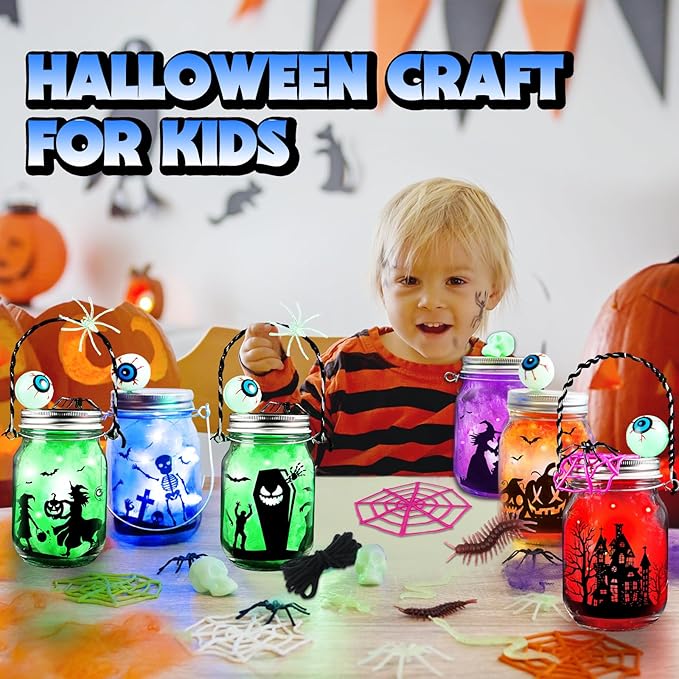Shemira Halloween Craft Kit - 6pc Glass Mason Jar DIY Lantern Kit, Party Supplies for Kids