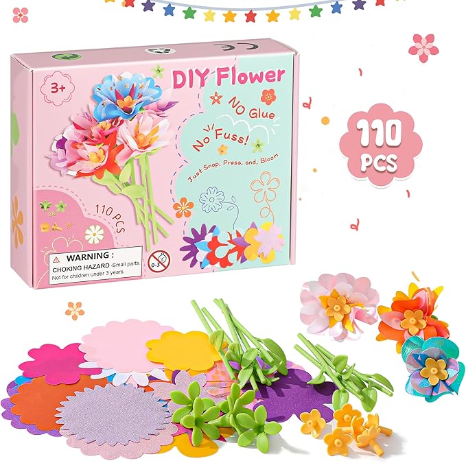 Plesechde DIY Fabric Flower Bouquets Toys Accessories,Arts and Crafts Toy Accessories with 110pcs Petals,Ideal Gifts for Kids 3+ Years Old for Birthday,Christmas