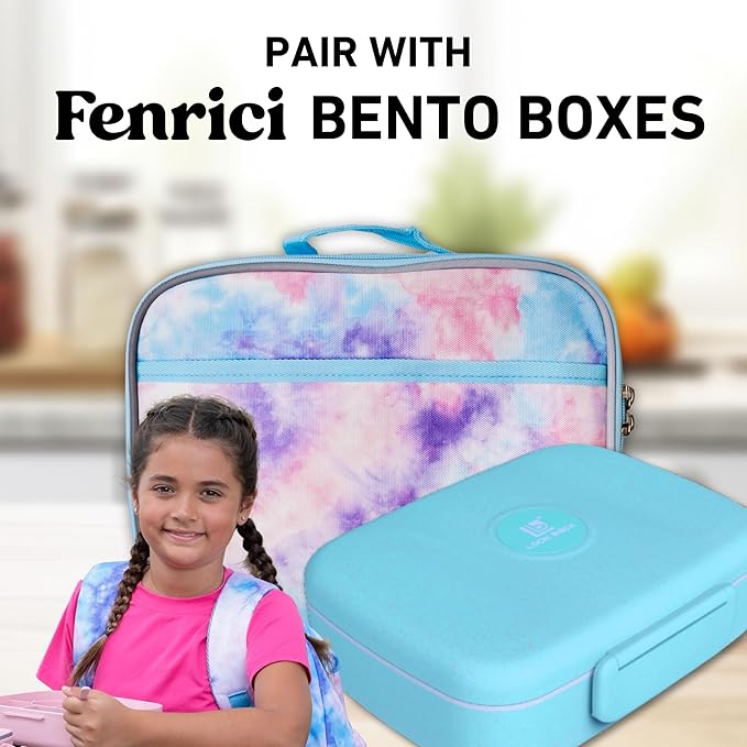 Fenrici Tie Dye Lunch Box for Girls, Teens, Women, Kids, Insulated Lunch Bag, Soft Sided Compartments, Spacious, BPA Free, Food Safe, 10.8in x 8.5in x 2.8in, Pastel Pink Tie Dye