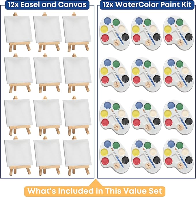 Mini Canvas and Easel Set with Mini Watercolor Paint in Bulk Set of 12 - Kids Art Party Favors & Party Supplies - 4x4" Small Canvases for Painting with Mini Easel - Water Colors Paint for Kids
