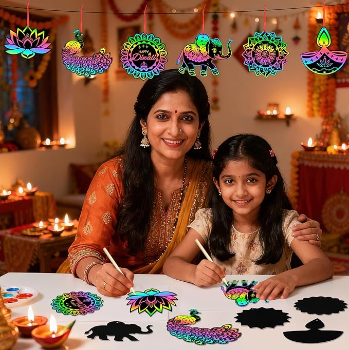 JULMELON 36 PCS Diwali Crafts, Rainbow Scratch Art DIY Scratch Paper Cards Magic Color Diwali Gifts Arts and Craft Kits Bulk Happy Diwali Party Favors School Activities Games