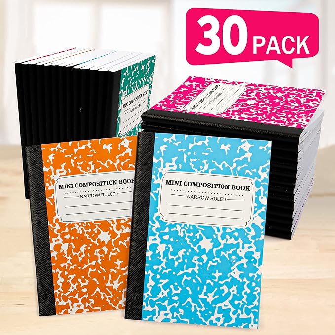 feela Mini Composition Notebook, Cute 30 Pack 5 Pastel Colors Narrow Ruled Mini Composition Books Bulk, Small Pocket Marble Journal Notebooks for Kids Students College, Pocket Size 4.5 x 3.25 in