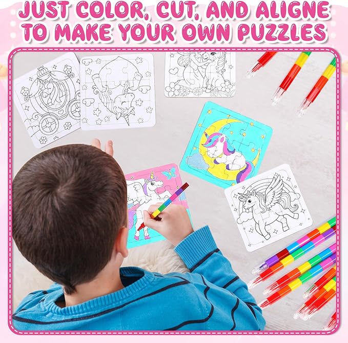 12 Sets Unicorn Puzzles Rainbow Color Your Own Puzzles DIY Jigsaw Crafts with 12 Stackable Crayons and 12 Bags for Pastel Macarons Theme Gifts Birthday Party Supplies(12, Unicorn)