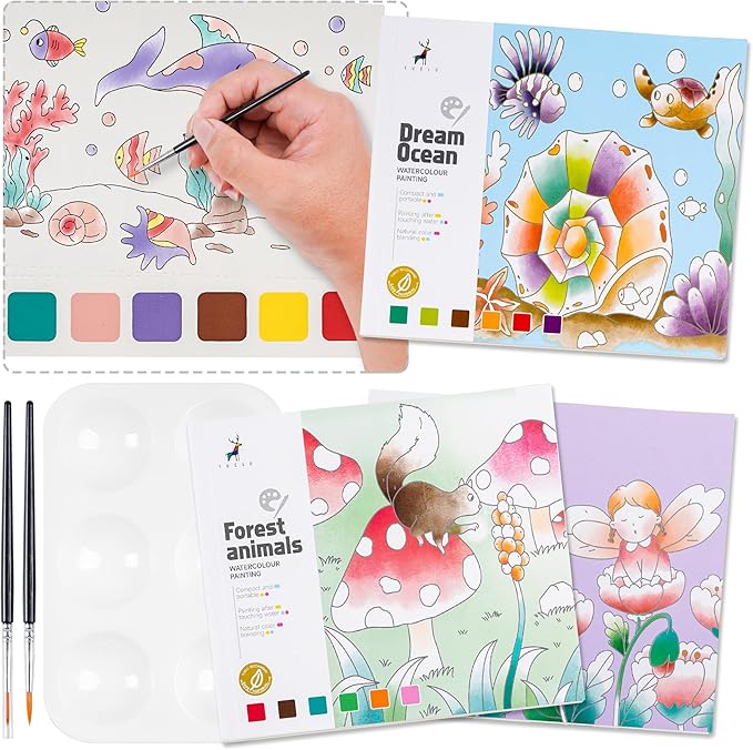 3 Pack Watercolor Coloring Books for Kids Watercolor Paint Book water color paint sets for kids coloring books for kids ages 4-8 Water Colors Paint Kids Pocket Hand Book Stocking Goodie Bag