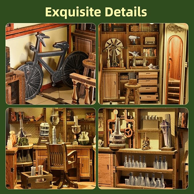 Book Nook Kit, DIY Doll House Booknook, Miniature Kit for Bookshelf Doll Houses for Adults Teen Halloween, 3D Wooden Puzzle Bookends with Led Light and Dust Cover (The Radium Lady)