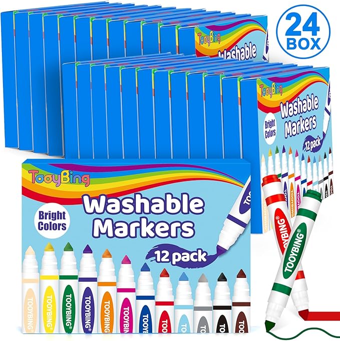 Washable Markers Bulk (288 Count, 24 Box), 12 Assorted Colors, Washable Markers for Kids Classroom School, Broad Tip Durable for Back to Classroom Art School Supplies Essentials