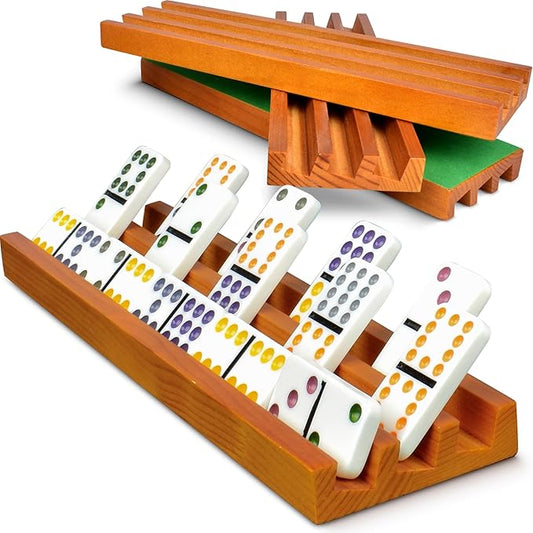 Queensell Domino Holders for Classic Board Games - Wooden Domino Racks Set of 4 - Mexican Train Dominoes Accessories - Domino Trays for Tiles Family Games (Large)