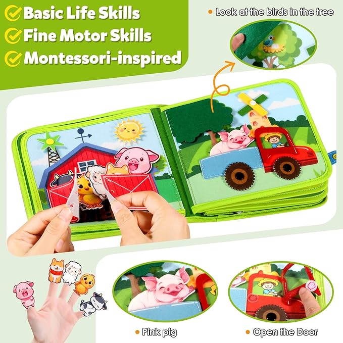 Montessori Busy Book for Toddlers 1-3, Busy Board Montessori Toys for 1 Year Old Boy Girl Birthday Gift, Educational Learning Sensory Activity Books, Quiet Book Travel Toys for Airplane Car