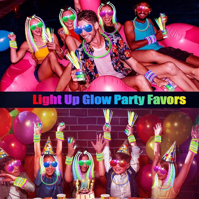 158 PCS Glow in the Dark Halloween Party Supplies, 14PCS LED Glasses, 30LED Finger Lights, 14LED Light Hairs and 100PCS Glow Sticks Bracelets, Neon Party Favors for Wedding,Concert, Birthday
