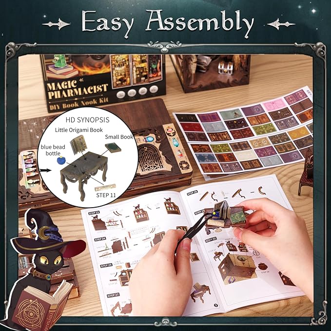 Fsolis Book Nook Kit, DIY Miniature Dollhouse Kit, 3D Wooden Puzzle for Adults, 282 Pieces, Bookshelf Decor Tiny House Mini Booknook Craft, Gifts for Women Teens and Puzzle Lovers (Magic Pharmacist)