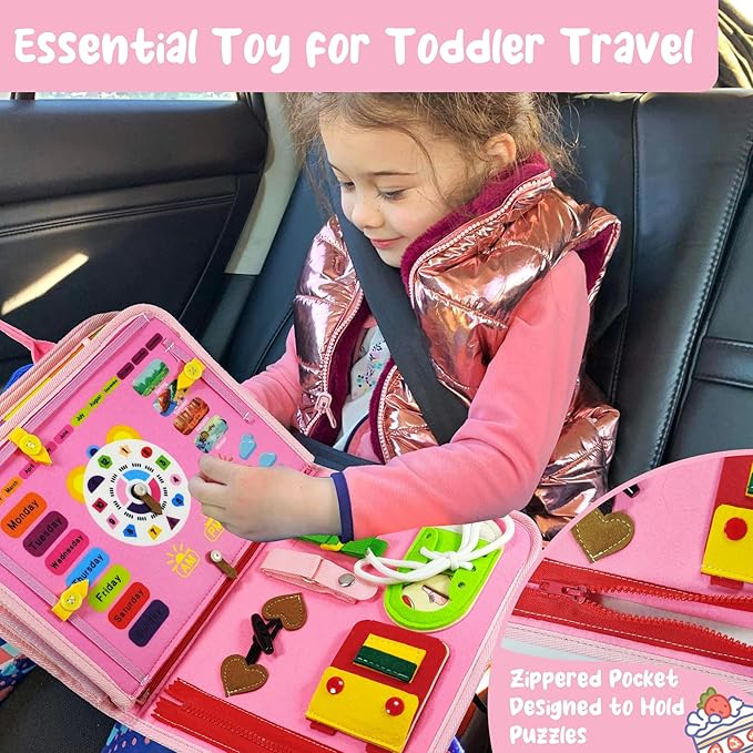 TenFans Montessori Busy Board for Toddlers 3-5 Years - Sensory Toys for Fine Motor Skills - Felt Travel Activity Board with Zipper