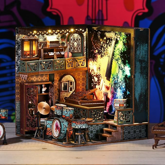 Book Nook Kit, Book Nook Kits for Adults and Teens, DIY Miniature Dollhouse Kit 3D Wooden Puzzle Booknook Bookend with LED Light