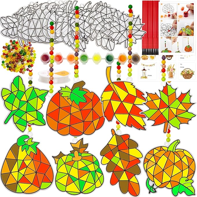 WorldBazaar Fall Suncatchers Craft Ornaments 24 Sets Pumpkin Window Art Suncatchers Decoration Thanksgiving Fall Harvest Classroom Activity Party Supplies