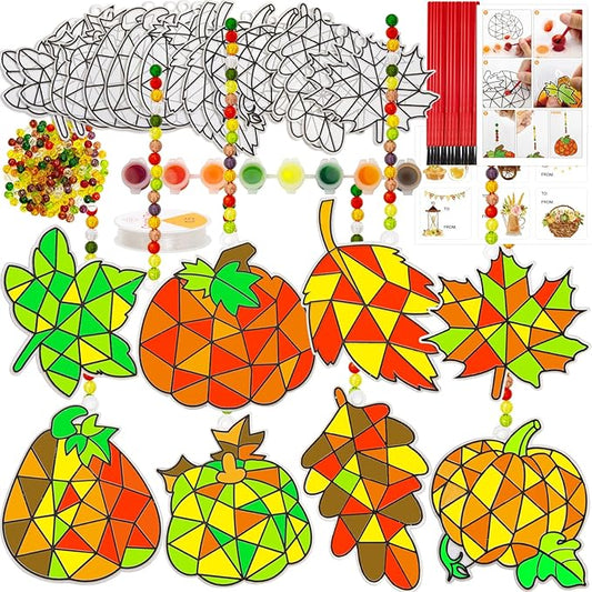 WorldBazaar Fall Suncatchers Craft Ornaments 24 Sets Pumpkin Window Art Suncatchers Decoration Thanksgiving Fall Harvest Classroom Activity Party Supplies