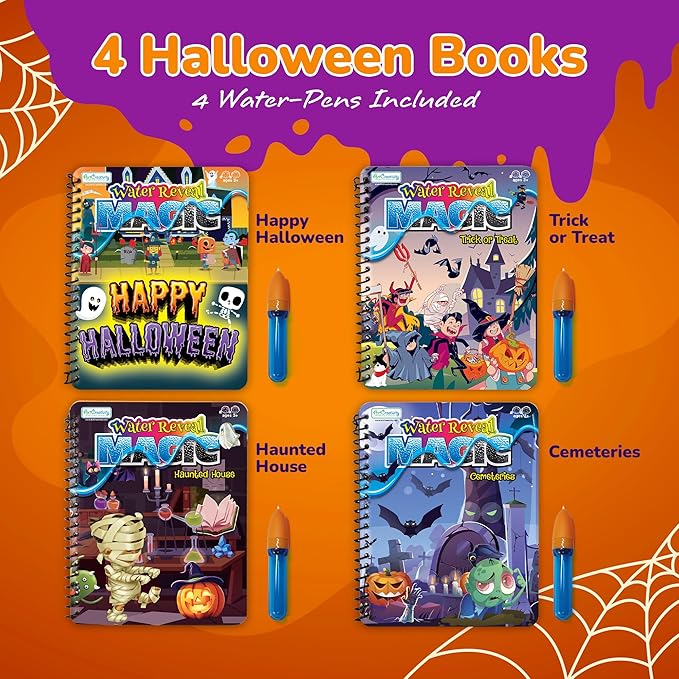 Halloween Party Favors for Toddlers, 4 Pack Halloween Water Coloring Books for Kids, Halloween Activities for Kids, Boo Basket Stuffers, Halloween Treats, Toys, Toddler Travel Essentials, Toddler Gift