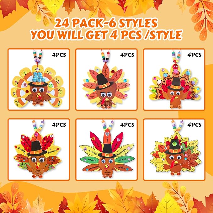 24 Sets Thanksgiving Turkey Ornaments Decorations Art Sets DIY Thanksgiving Craft Kits Fall Crafts Autumn Leaf Pumpkin Turkey Foam Stickers Arts and Crafts for Kids Party Classroom Activities