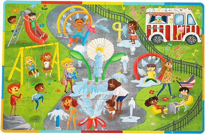 Upbounders® Double-Sided Jumbo Floor Puzzle for Kids | 24-Piece Jigsaw Puzzle with Large Pieces & Storage Box | Multicultural Puzzle for Toddlers & Children (Splash Park & Playground Theme)