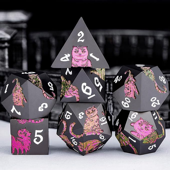Metal DND Cat Dice 7PCS Polyhedral RPG Dice Set with Gift Case for Dungeons Dragons Role Playing Game, D and D Dice D6 D8 D10 D12 D20 D% (Purplish Red) 