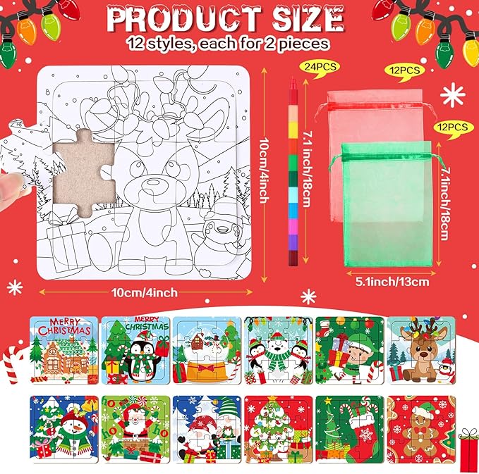 24 Sets Christmas Puzzles Color Your Own Puzzles DIY Jigsaw Crafts with 24 Stackable Crayons and 24 Bags for Learning Education Toys Gifts Prizes Birthday Party Supplies(24, Christmas)