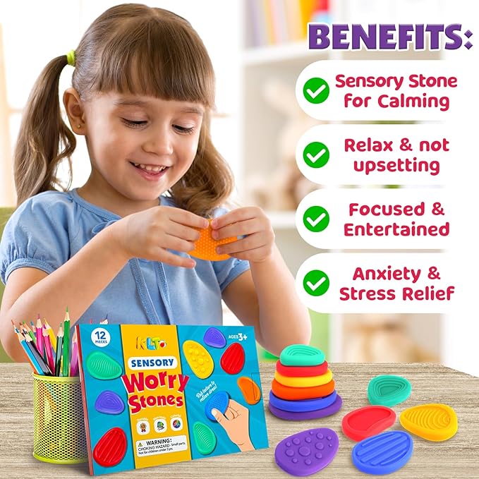 Fidget Toys Sensory Stone for Kids: 12 Pack Texture Worry Stone - Soothing Sensory Tools for Autism Children Calming - Quiet Fidgets for Student Classroom Must Have Prizes