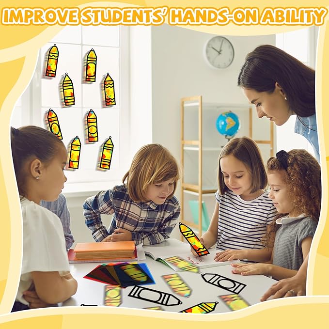 32 Sets Back to School Crayon Suncatchers Craft Kit DIY Window Stained Glass Effect Crayons Paper Crafts for Home School Classroom Decoration Kid Birthday Gifts Creative Art Projects Activity Game