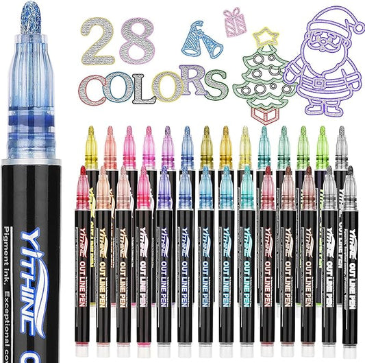 Outline Shimmer Markers, 28 Glitter Metallic Gel Pens for Coloring, Fun Gift for Halloween, Birthday Party Favors, Holiday Stocking Stuffers, Cool DIY Art Crafts Drawing Supplies