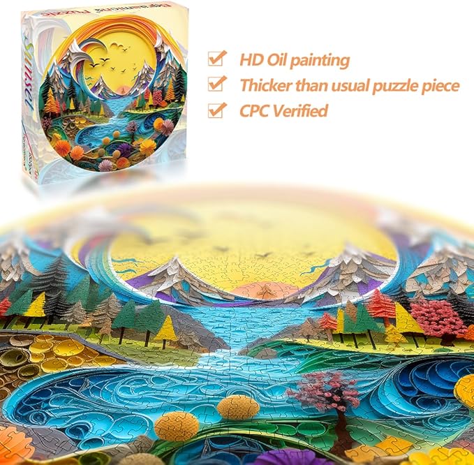 Bgraamiens 1000 Piece Jigsaw Puzzle - Sunset Abstract Paper Art Landscape for Adults - Vibrant Nature Puzzle with Mountains, River & Forest for Relaxing Decor & Gift