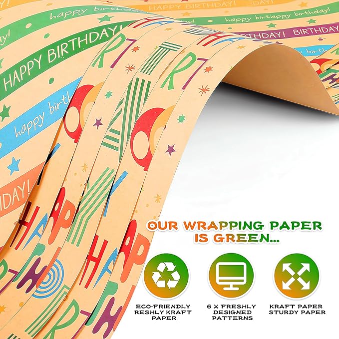 Wrapping Paper Birthday Gift Wrapping Paper Sheets Set, Kraft Birthday Gift Wrap Set,Balloon Star Happy Birhtday Paper with Tags String,Bday Present Wrap for Boy Girl Women Men