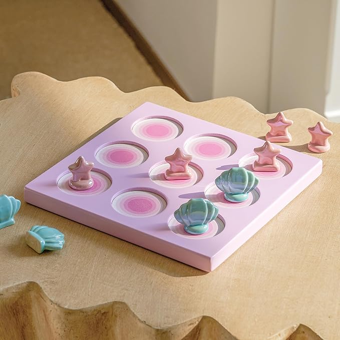 WDS WONDROUS Tic Tac Toe Game, Pink Coffee Table Centerpiece Decoration, Summer Beach Themed Wood Board Game with Ceramic Shell & Starfish, Coastal Girl's Room Decor, Fun&Cute Gifts for All-7.9 Inch