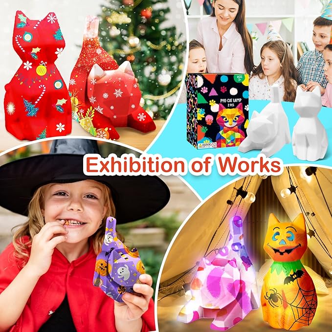 Goodyking DIY Cat Night Light Art Kit - 2pcs, Painting Set for Kids Ages 4-12, Cat Craft Gift