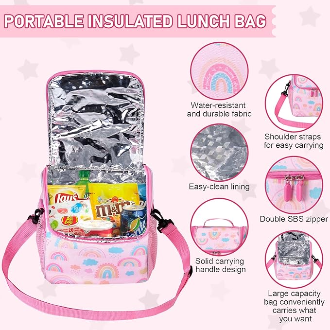 Bento Lunch Box for Kids with 17oz Soup Thermo,Insulated Tumbler Water Bottle and Insulated Lunch Bag,Leak-Proof 3 Compartment Lunch Food Container with with Ice Pack for Kids to School-Rainbow