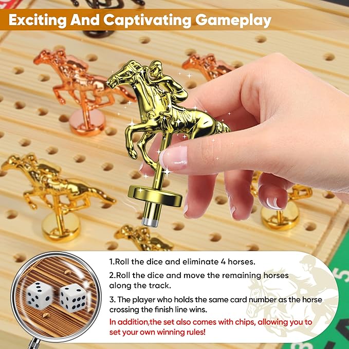 Horse Racing Game with Cards and Dice, Horse Race Board Game for Adult, Thickened Solid Wood with 11 Luxurious Durable Classic Metal Horses, 143 Chips, 2 Dice, 2 Boxes of Cards