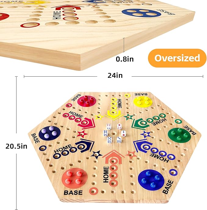 Wooden Board Game, Board Game Original Marble Game Double Sided Painted 2 to 6 Player Fast Track Wooden with 6 Colors 24 Marbles 6 Dice for Adults Kids Family(24 INCH)