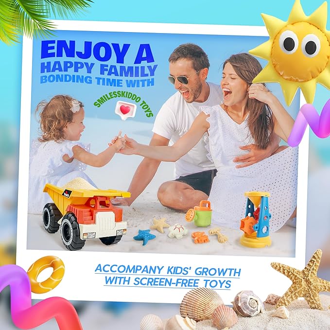 SMILESSKIDDO Beach Toys - Beach Dump Truck, Kids Sand Set with Sand Truck, Water Bucket, Shovel, Molds & Mesh Bag, 12Pcs Sandbox Toys for Toddlers 1-3, 4-8