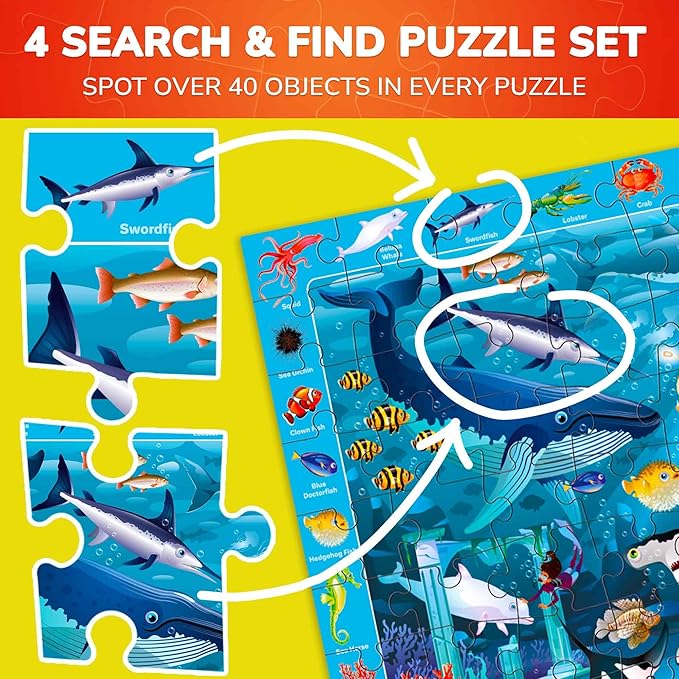 QUOKKA 100 Piece Puzzles for Kids Ages 4-6 - 4 Jigsaw Puzzles for Kids Ages 6-8 - Search and Find Game with Animals, Dinosaurs for Childrens 5-8 - Learning Educational Toys for Boys and Girls 8-10
