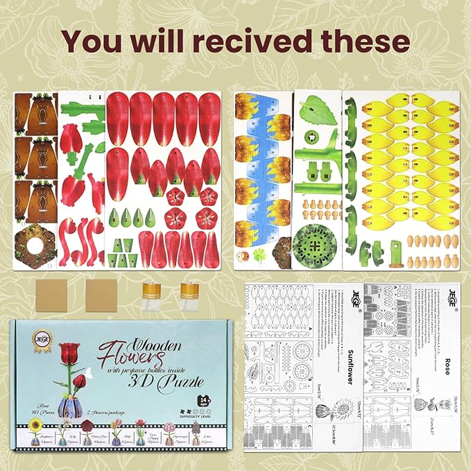 Jege 3D Flowers Wooden Puzzles for Adults,DIY Wooden 2 Flowers per Kit Building Model Set for Home Decor,Ideal Creative Craft Gift Build Kits Toys with 2 Perfume Bottles (Rose + Sun Flower)