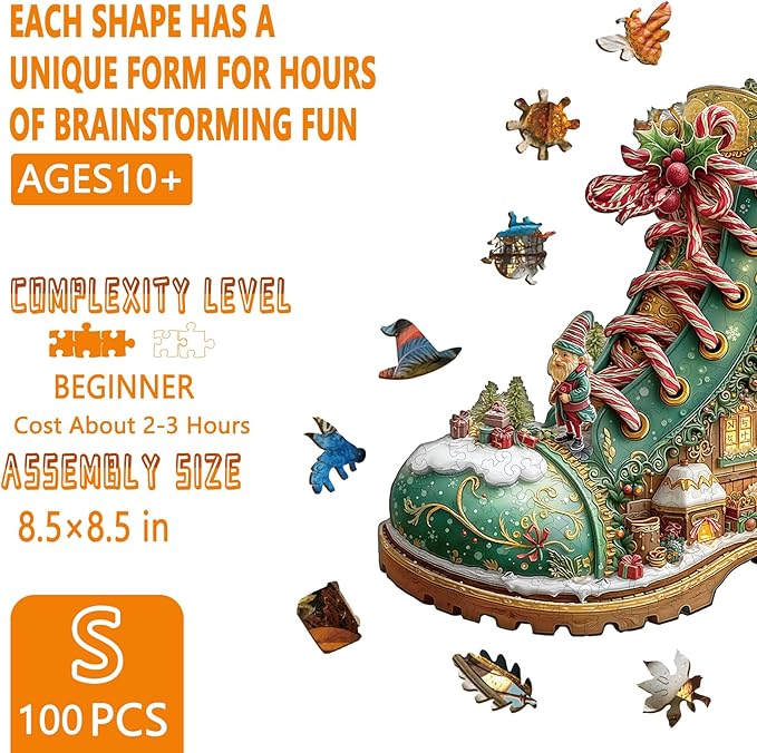 Wooden Puzzles for Adults, Christmas Snow Boot Hut Wooden Jigsaw Puzzle for Adults, Unique Shape Wood Puzzles Adult, Presents for Women and Men, Wall Art Home Decor(S-8.5 * 8.5in- 100 Pieces)