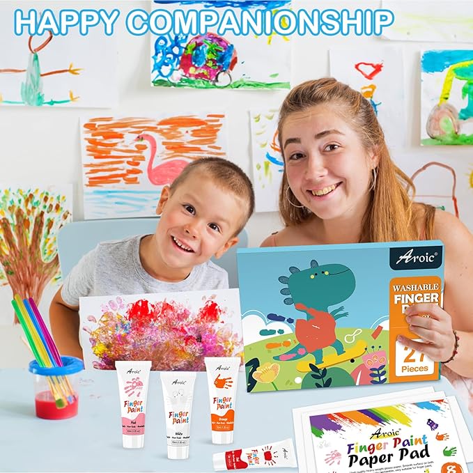 27PCS Kids Washable Finger Paint Set, 8 Colors Non Toxic Finger Paints, Finger Paint Paper, Brushes, Sponges, Art Painting Supplies for Toddlers,Finger Painting Supplies for Kids Boys Girls Gifts