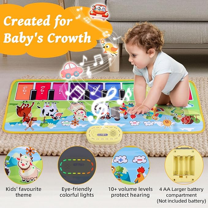 Floor Piano Mat for Toddlers,Baby Kids Sensory Educational Music Dancing Carpet,Animal Sounds Blanket,Farm Touch Musical Playmat,Christmas Birthday Learning Toys for 1 2 3 4 5 Years Old Boy Girl Gifts