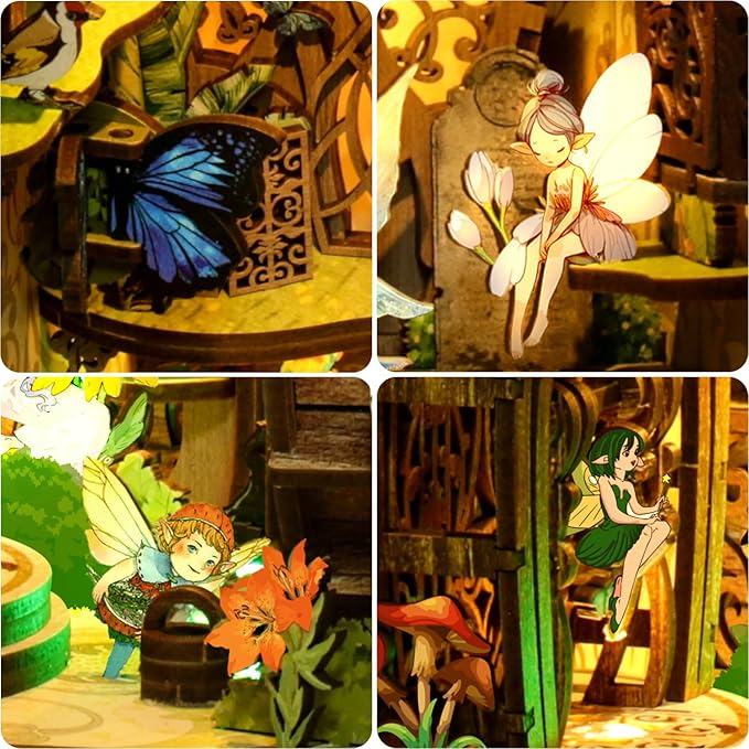 Book Nook Kit for Adult - THRIVINGIVAN Miniature Model Build Dollhouse Kit 3D Wooden Puzzle with Sensor Led Light for Bookshelf Bookend Insert Decor Adults Teen Crafts(Spirit)