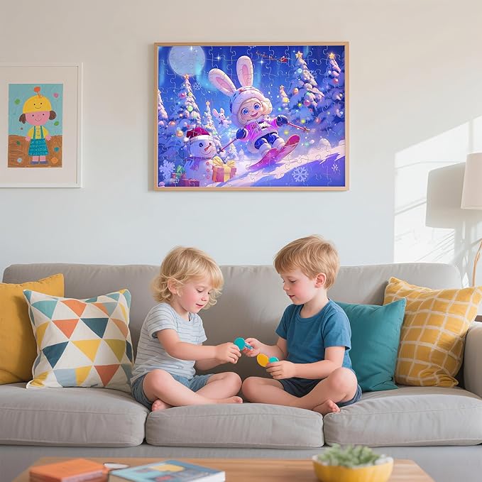 Nattork Jigsaw Puzzles 100 Pieces for Kids Youth Skiing Bunny - Pieces Fit Together Perfectly