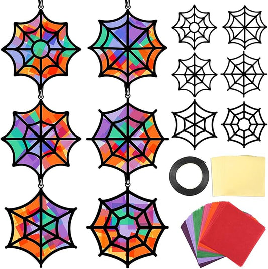 Qyeahkj 36 Set Halloween Spider Web Suncatchers Crafts Kids DIY Hanging Spider Web Tissue Paper Crafts Kit Window Art Ornaments Decor for Halloween School Home Activity Art Project Party Favor Gift