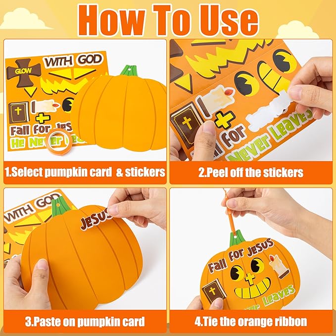 B1ykin Fall Pumpkin Craft Kit - 40Pcs Christian Fall Jesus Pumpkin Cross Hanging Ornaments with Ribbons, DIY Thanksgiving Religious Faith Crafts for Kids Sunday School Party Home Activities