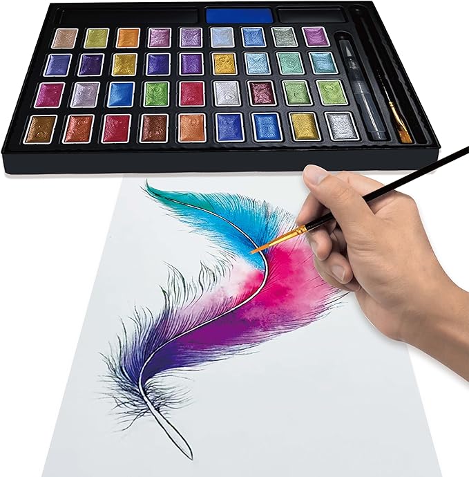 Shimmer Watercolor Paint Set, 12 Colors Glitter Metallic Watercolour Painting Sets, Solid Pearl Water Color Paints for Artists, Amateur Hobbyists and Painting (36 Colors)