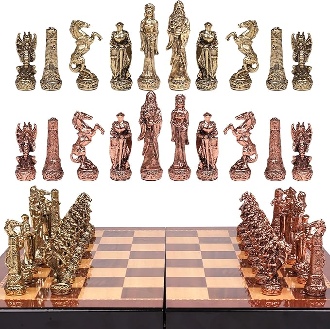 Vintage Figurine Chess Set for Adults and Kids - Wooden Board With Metal Pieces - Travel Chess Set - Collectible Elegant Game - Family Vintage Board Game