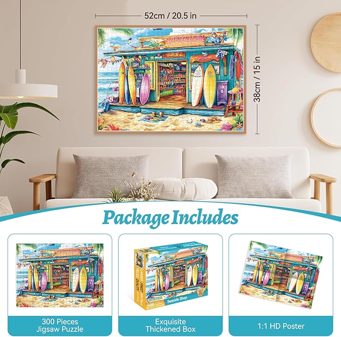500 Piece Puzzles for Adults, Seaside Souvenir Shop Jigsaw Puzzle with Surfboards, Adult Jigsaw Puzzle for Relaxation and Gift, Coastal Scene Puzzle Game for Adults, Kids and Seniors, 20.5" x 15"