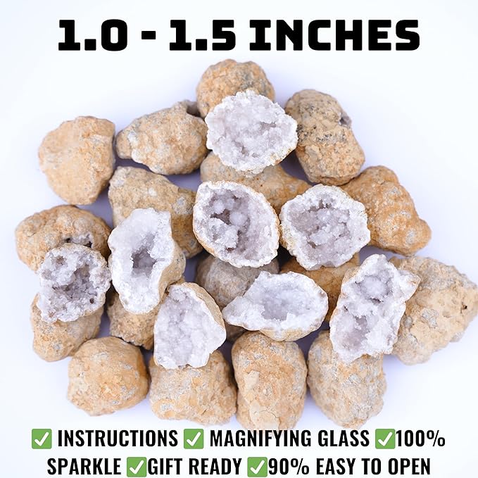 20 Break Your Own Geode Kit โ 1.0 to 1.5 Inch Easy to Reveal Natural Premium Geodes โ Easy Crack-Open Experience + Tools + Geologist Guide โ Requires Less Effort โ STEM Activity + Collectable - Small