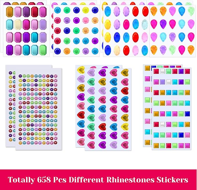 Selizo Craft Gems Self Adhesive Rhinestones Stickers Jewel Stickers Craft Jewels Stick On Gems Bling Crystal Diamond Stickers for Crafts, Assorted Shapes, Sizes and Colors (658Pcs, 14 Sheets)