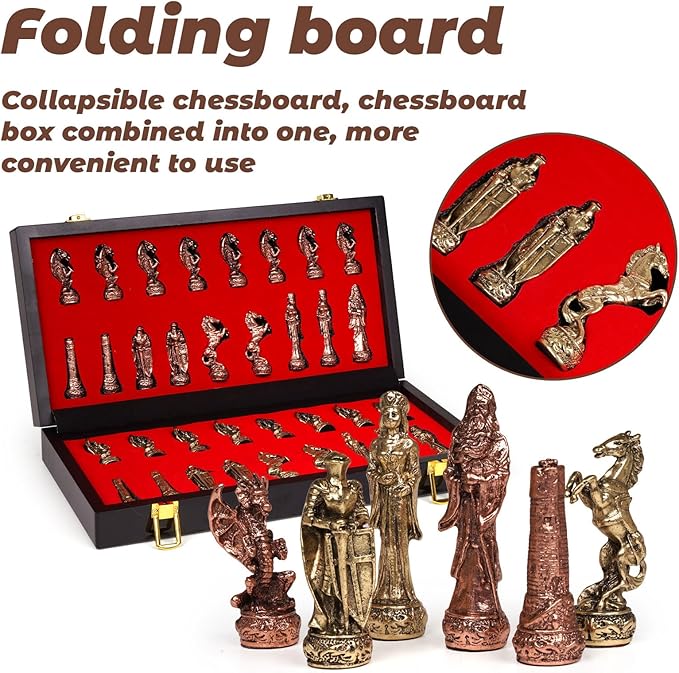 Vintage Figurine Chess Set for Adults and Kids - Wooden Board With Metal Pieces - Travel Chess Set - Collectible Elegant Game - Family Vintage Board Game
