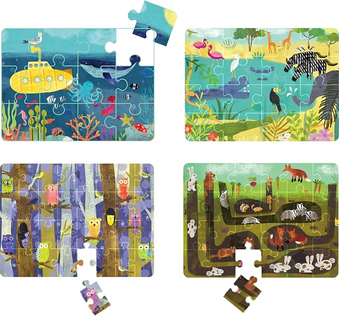 Puzzles for Kids Ages 3-5, 4 Pack 4-Difficulty-Level Puzzle with 12 16 24 32 PCS, Color-Zones on Back, 4-in-1 Progressive Animals World Jigsaw Toy Gift for Age 3 4 5 6 Year Old Boys Girls